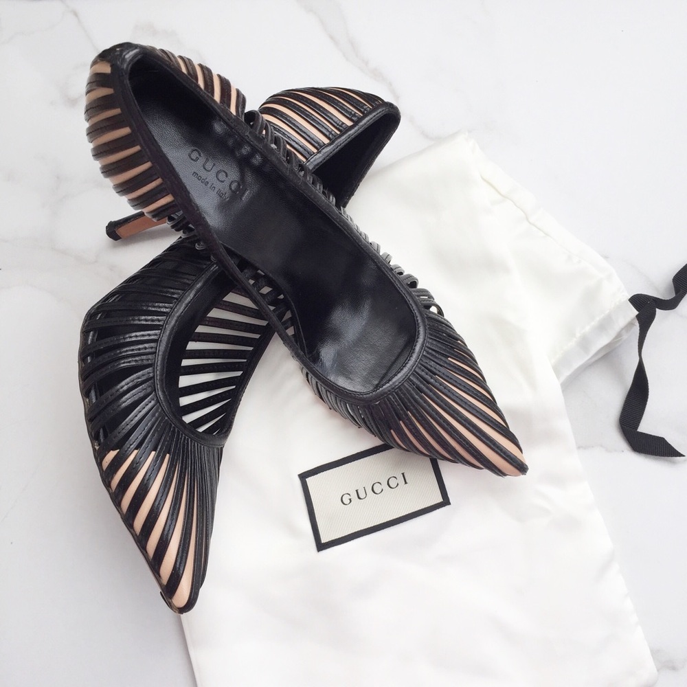 Gucci black & nude caged heels